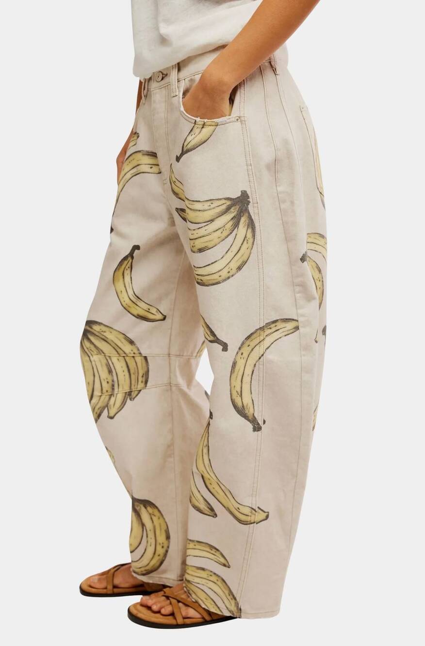 NEW FREE PEOPLE good luck printed barrel jean in go bananas - Picture 3 of 5
